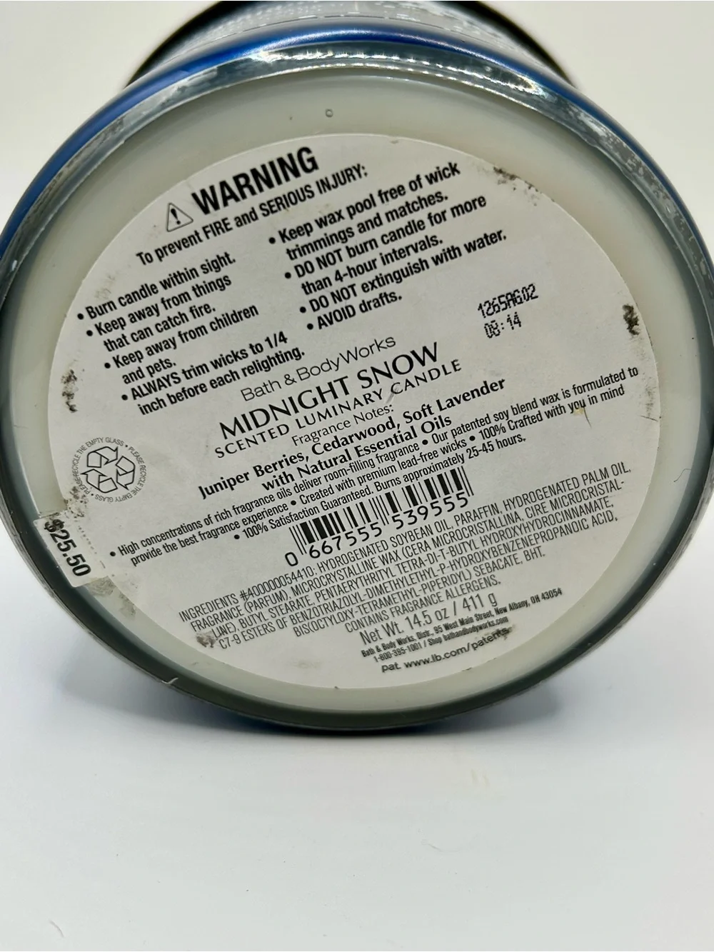 Bath & Body Works Midnight Snow Candle - Navy Blue with White & Gold Snowflakes - Picture 3 of 3
